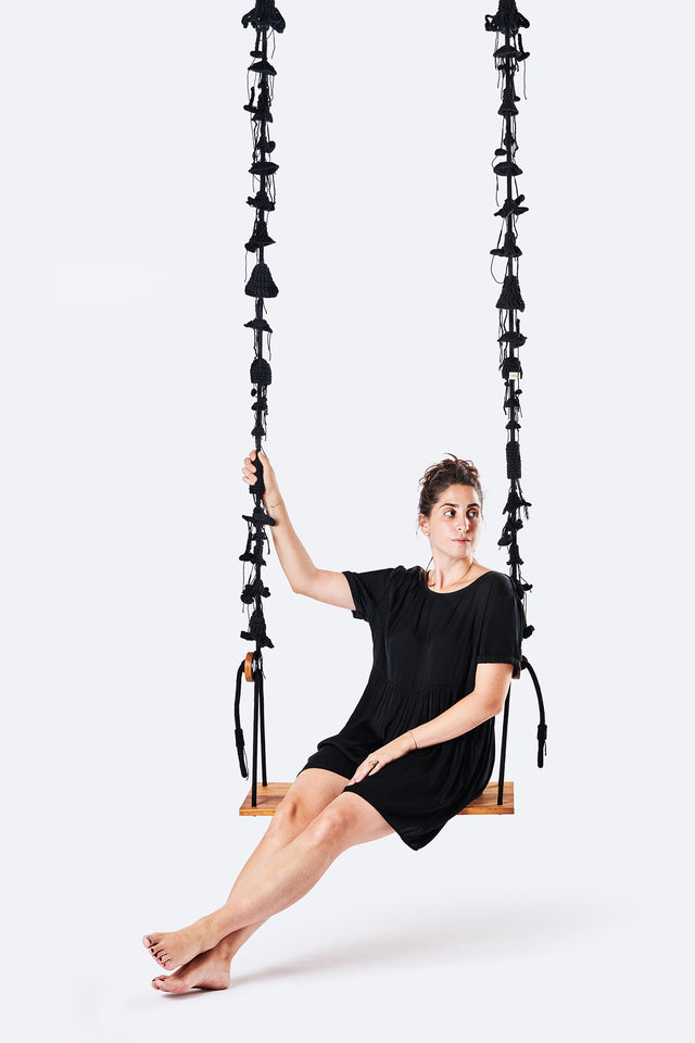 2 Arm Outdoor Swing, Teak Seat - Black