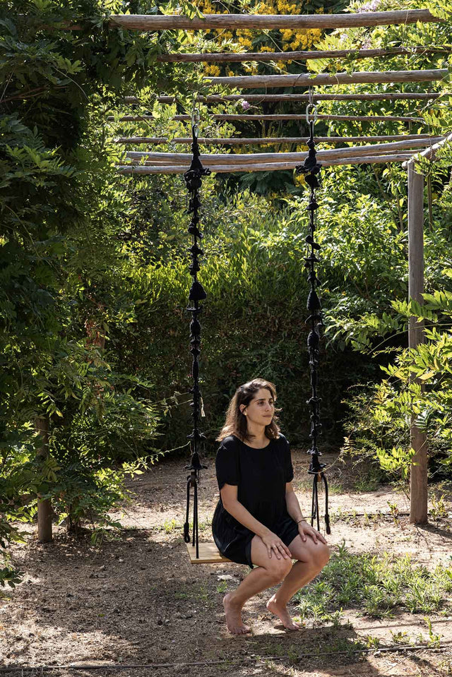 2 Arm Outdoor Swing, Teak Seat - Black