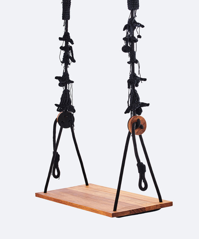 2 Arm Outdoor Swing, Teak Seat - Black