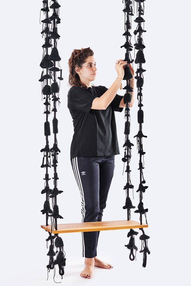 4 Arm Outdoor Swing, Teak Seat - Black